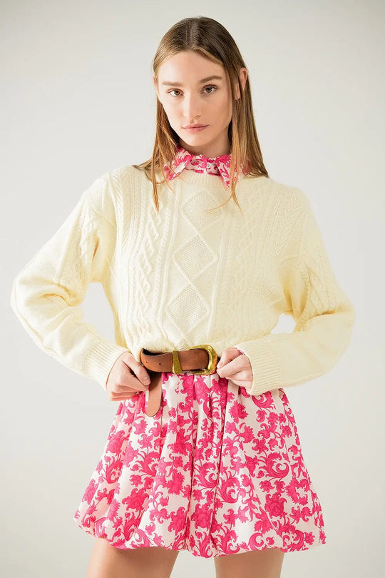 Cream soft knit sweater with cable pattern - Sweaters