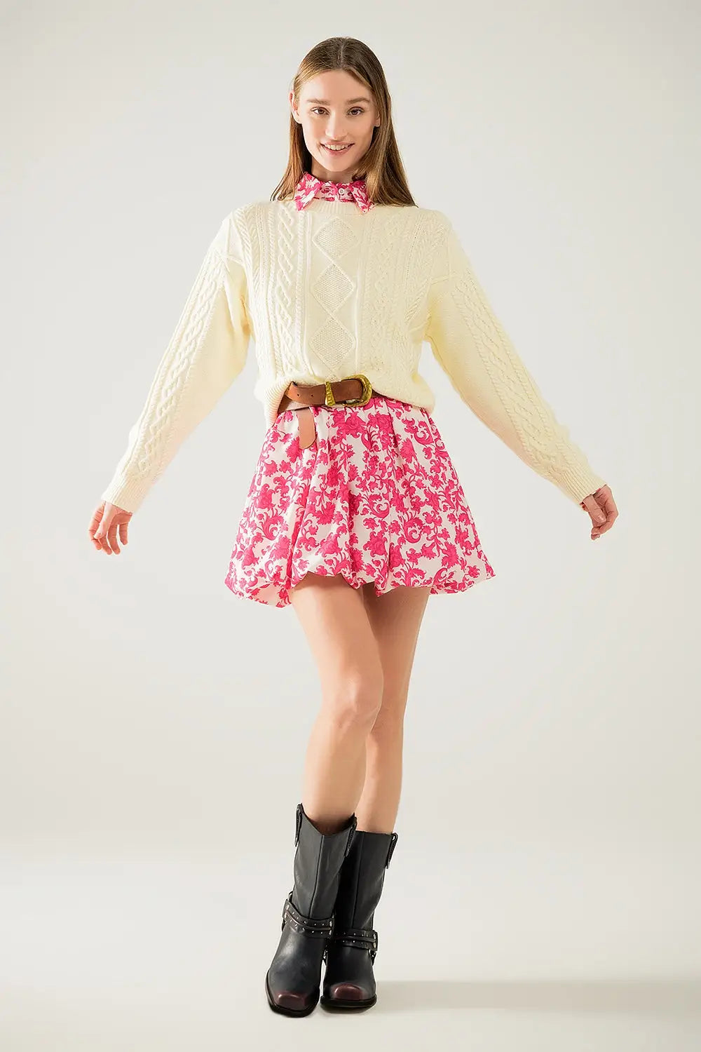 Cream soft knit sweater with cable pattern - Sweaters