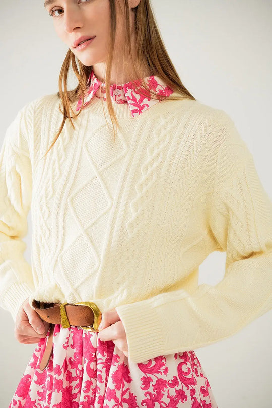 Cream soft knit sweater with cable pattern - Sweaters