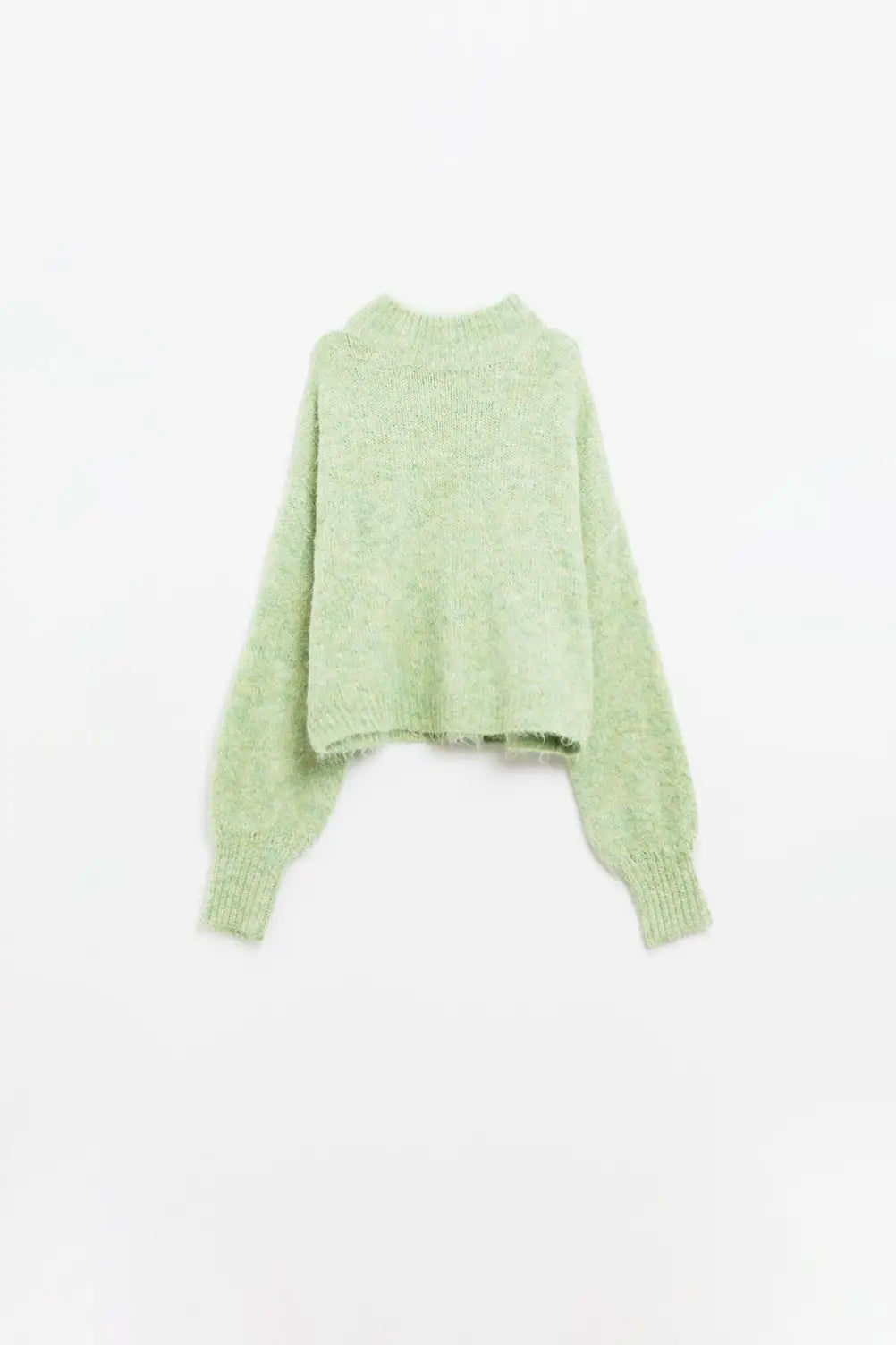 Fluffy light green sweater with high neck and balloon sleeves - Sweaters