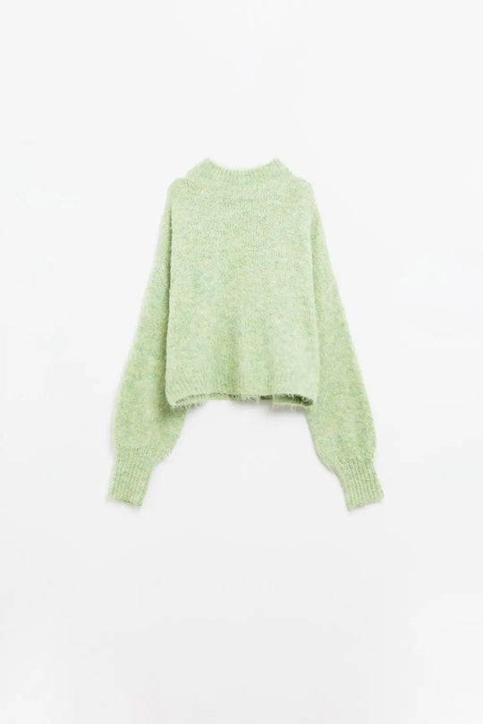 Fluffy light green sweater with high neck and balloon sleeves - Sweaters