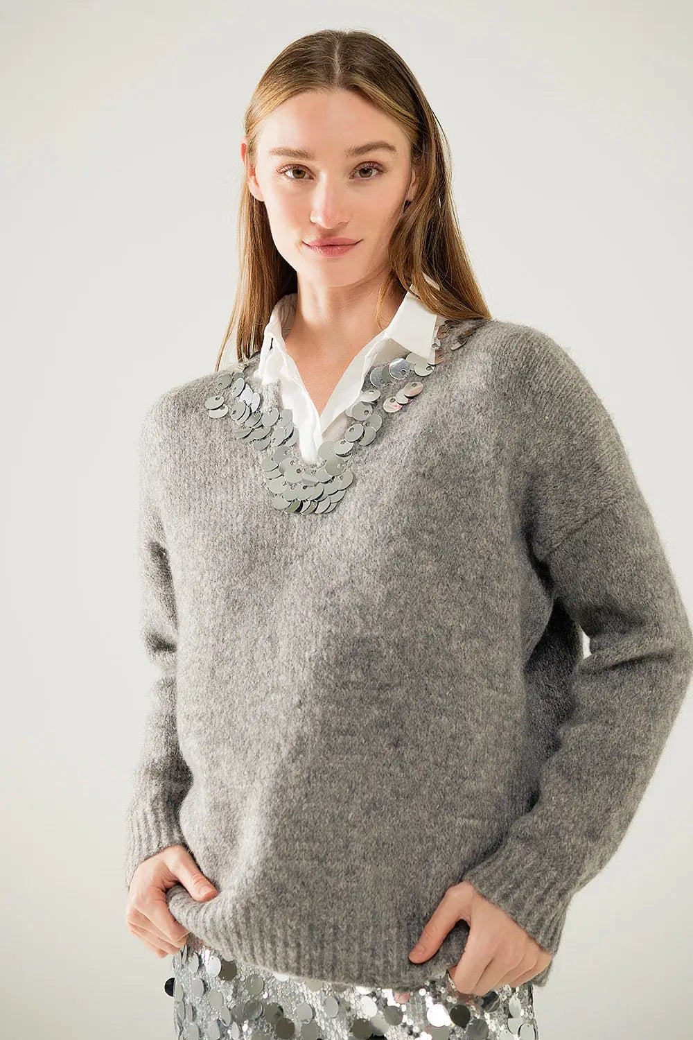 Grey V-neck sweater with sequin detail - GRAY / ONE - Sweaters