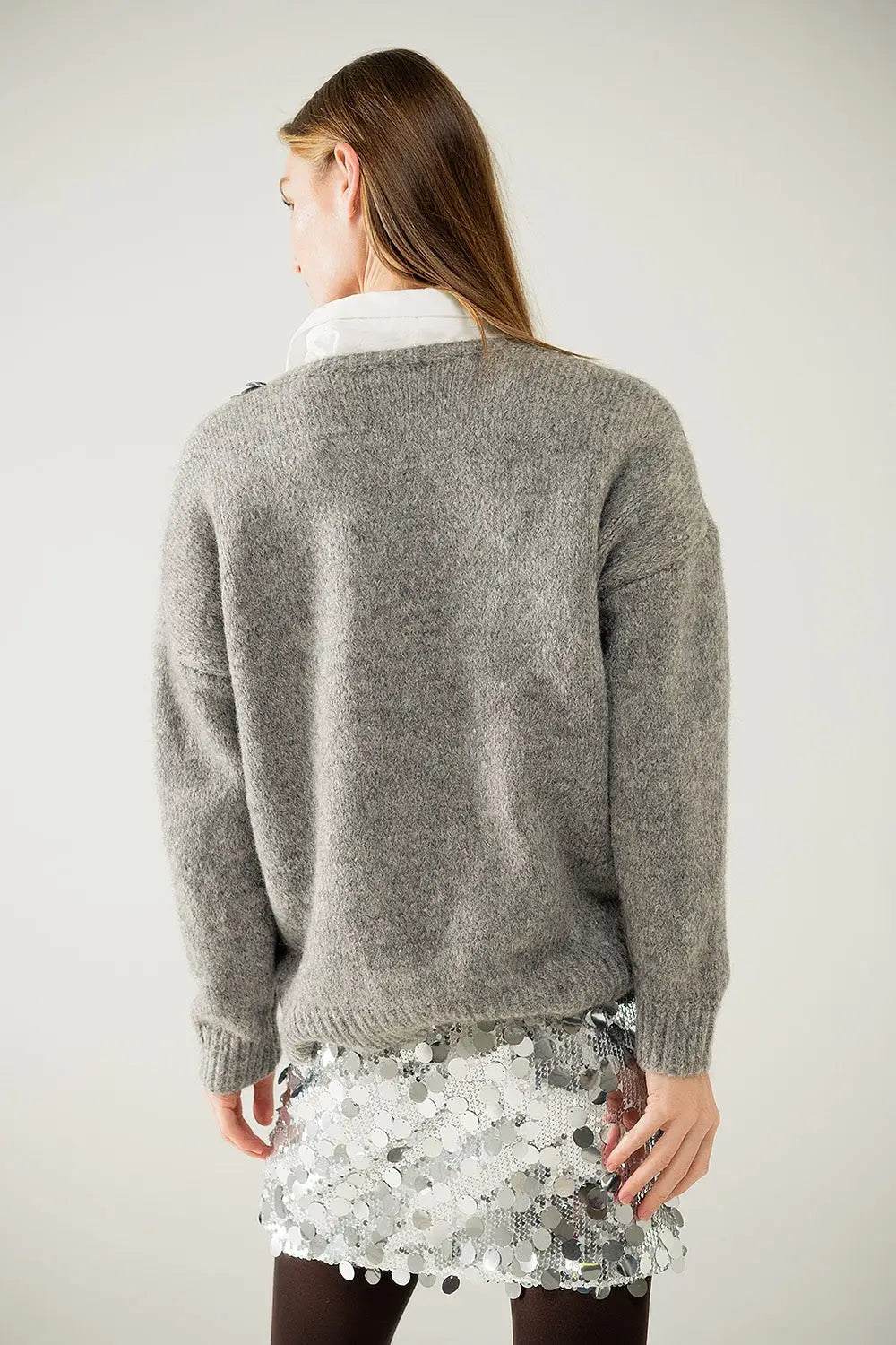 Grey V-neck sweater with sequin detail - GRAY / ONE - Sweaters