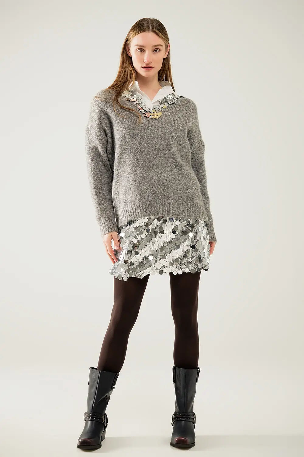 Grey V-neck sweater with sequin detail - GRAY / ONE - Sweaters
