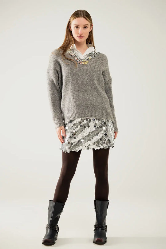 Grey V-neck sweater with sequin detail - GRAY / ONE - Sweaters