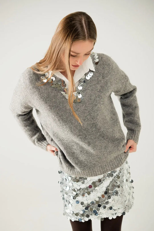 Grey V-neck sweater with sequin detail - GRAY / ONE - Sweaters
