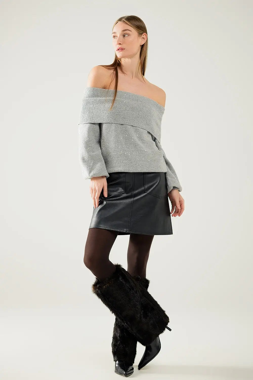 Grey boat neck sweater with sequins - GRAY / ONE - Sweaters