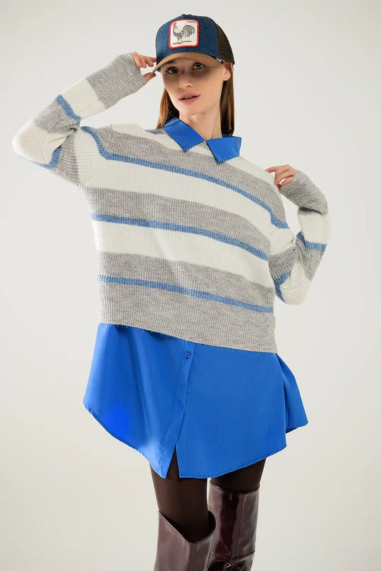 Grey jersey with ecru and blue stripes - Sweaters