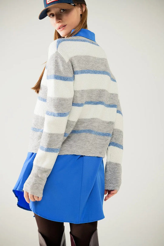 Grey jersey with ecru and blue stripes - Sweaters