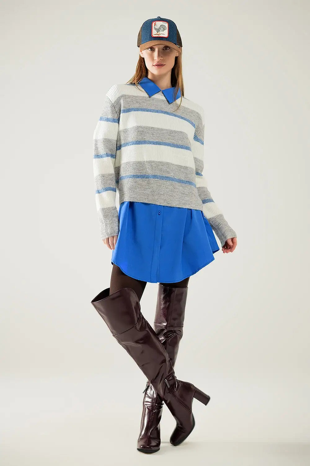 Grey jersey with ecru and blue stripes - Sweaters