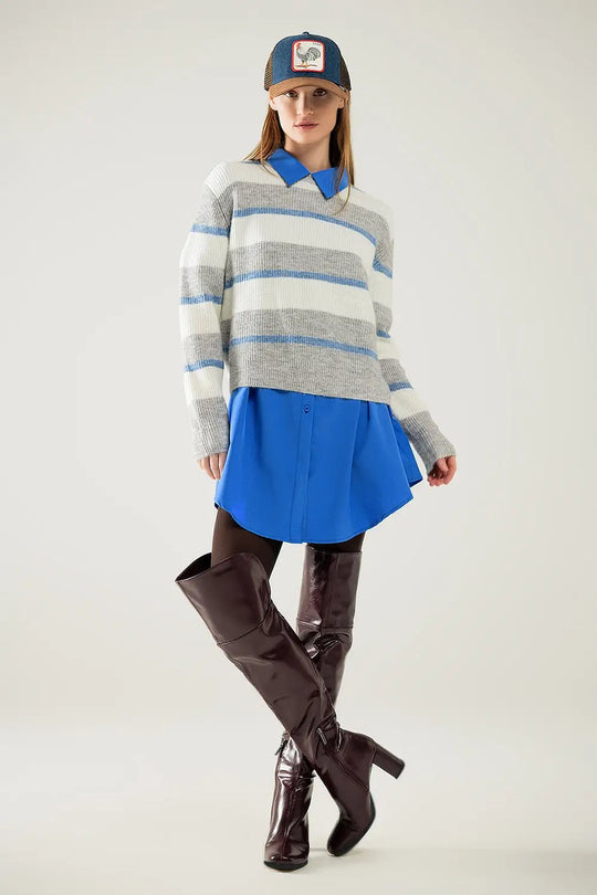 Grey jersey with ecru and blue stripes - Sweaters