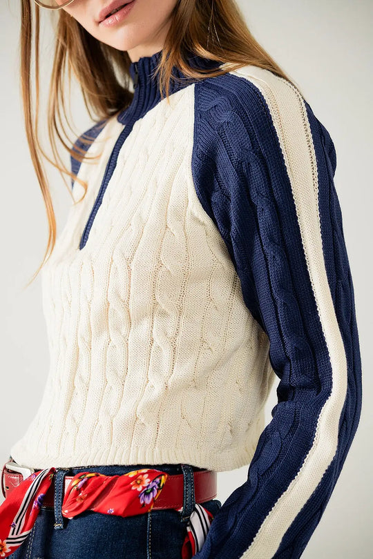 cropped white and navy sweater with neck zipper - Sweaters