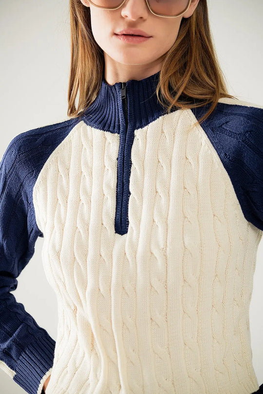 cropped white and navy sweater with neck zipper - Sweaters