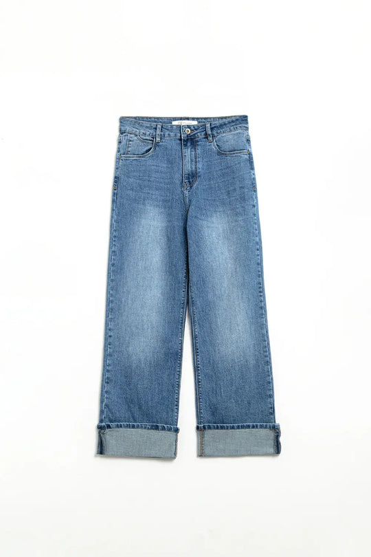 straight fit cuffed jeans with mid wash