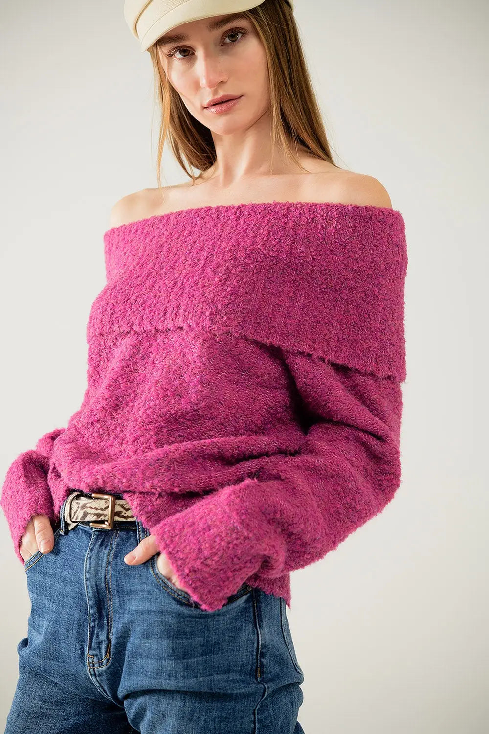 knitted fluffy boat neck sweater in fucsia - FUCHSIA / ONE - Sweaters