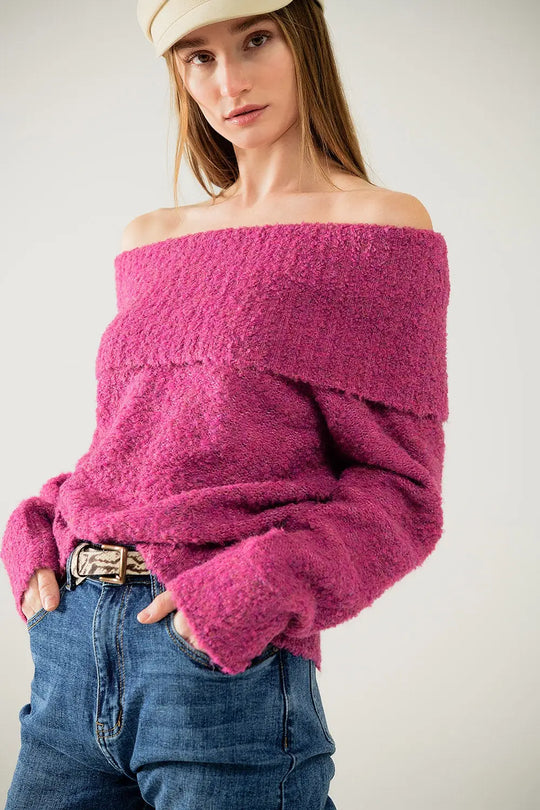 knitted fluffy boat neck sweater in fucsia - FUCHSIA / ONE - Sweaters