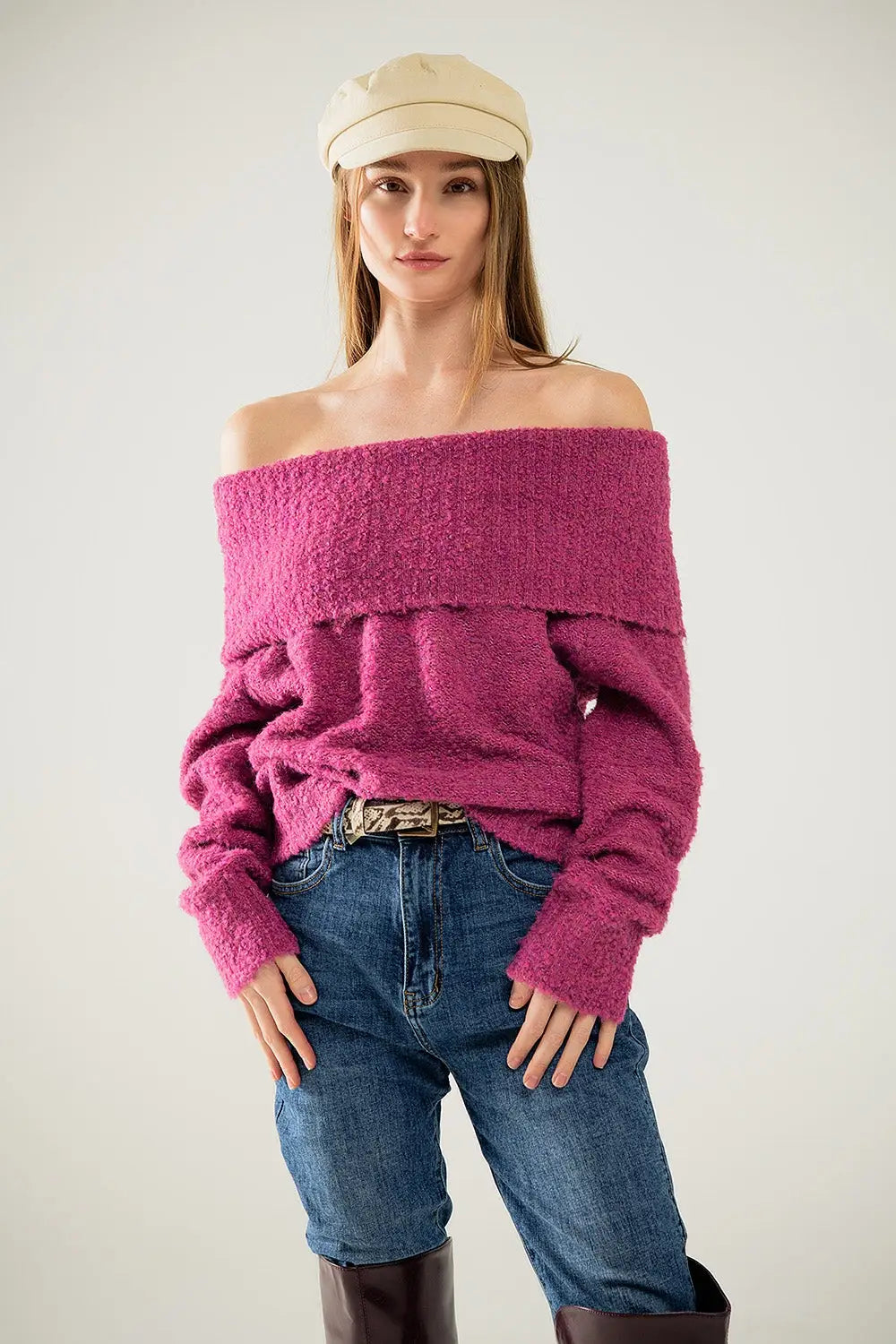 knitted fluffy boat neck sweater in fucsia - FUCHSIA / ONE - Sweaters