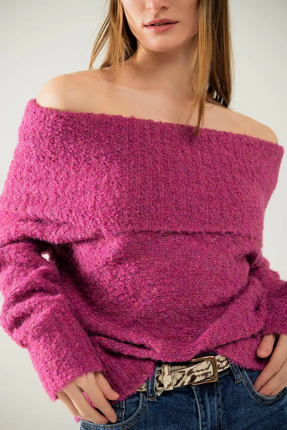 knitted fluffy boat neck sweater in fucsia - FUCHSIA / ONE - Sweaters