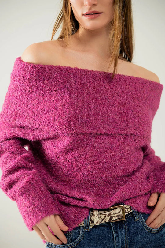 knitted fluffy boat neck sweater in fucsia - FUCHSIA / ONE - Sweaters