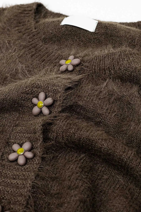 Short and fluffy brown cardigan with flower buttons - BROWN / ONE - Cardigans