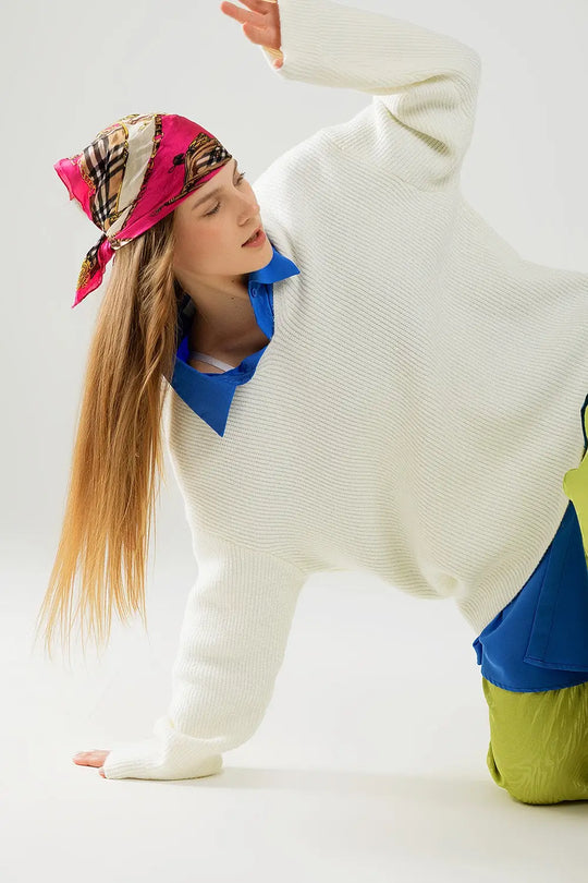 cream oversized knit sweater with V neck - CREAM / ONE - Sweaters