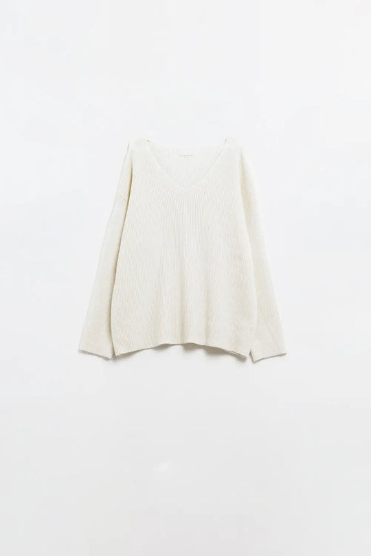 cream oversized knit sweater with V neck - CREAM / ONE - Sweaters