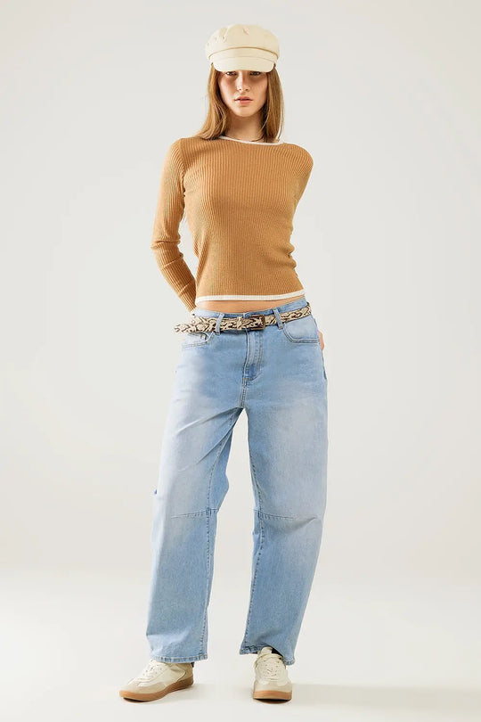 Casual camel Rib Swearer With white Trim detail - Sweaters