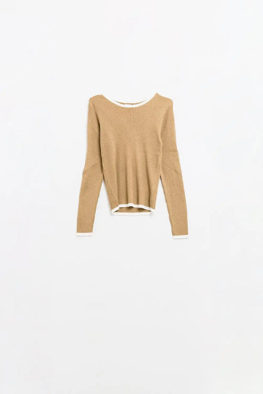 Casual camel Rib Swearer With white Trim detail - Sweaters