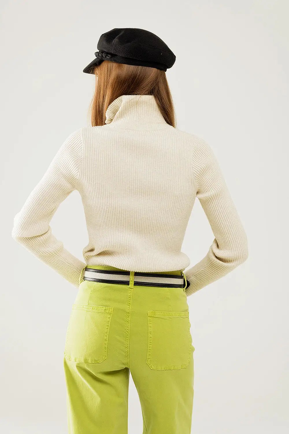 cream ribbed fitted sweater with zip closure - Sweaters