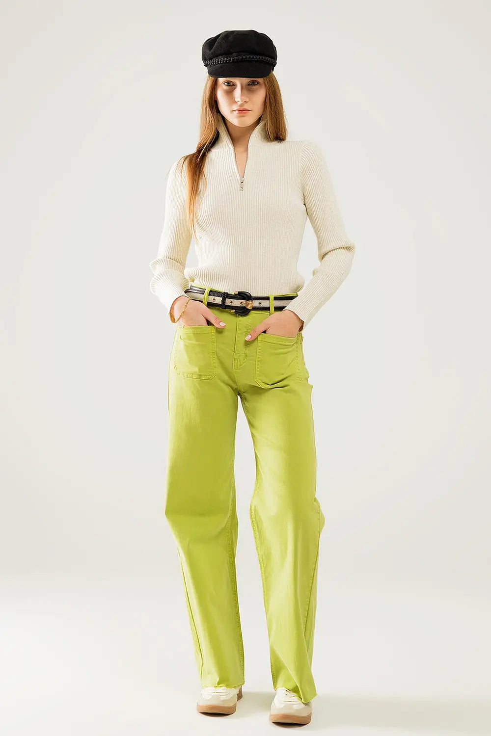 cream ribbed fitted sweater with zip closure - Sweaters