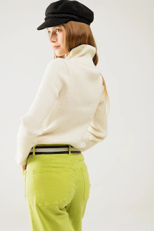 cream ribbed fitted sweater with zip closure - Sweaters