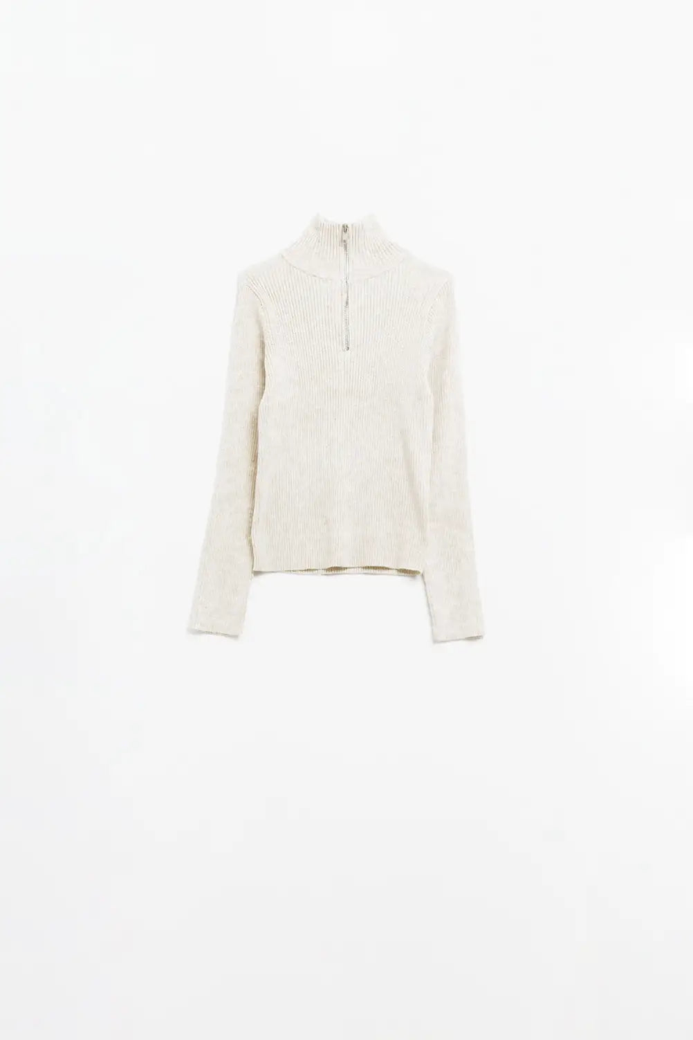 cream ribbed fitted sweater with zip closure - Sweaters