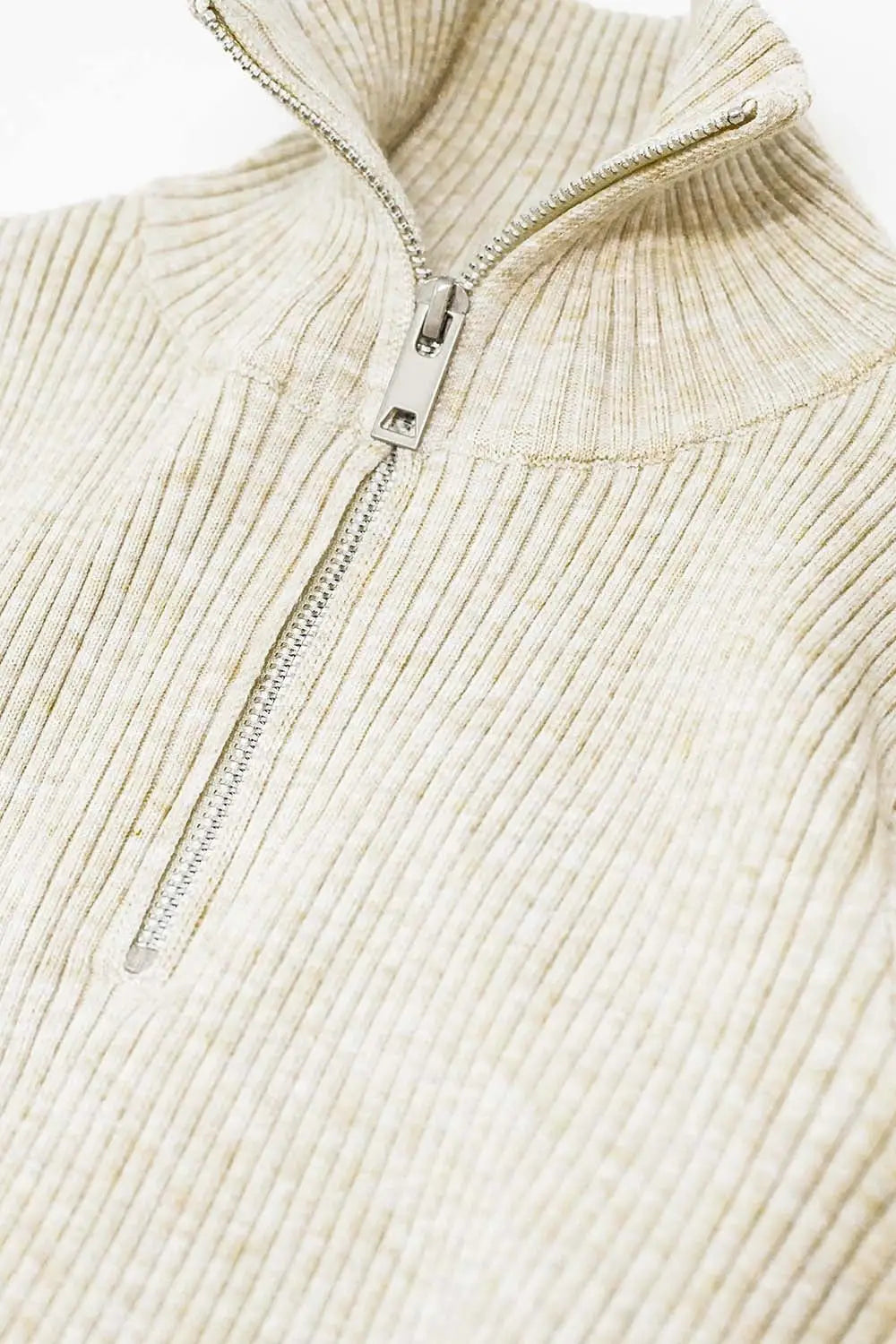 cream ribbed fitted sweater with zip closure - Sweaters
