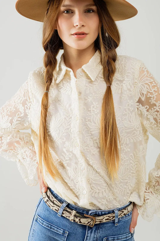 Romantic beige Lace Shirt With Balloon Sleeves - Shirts