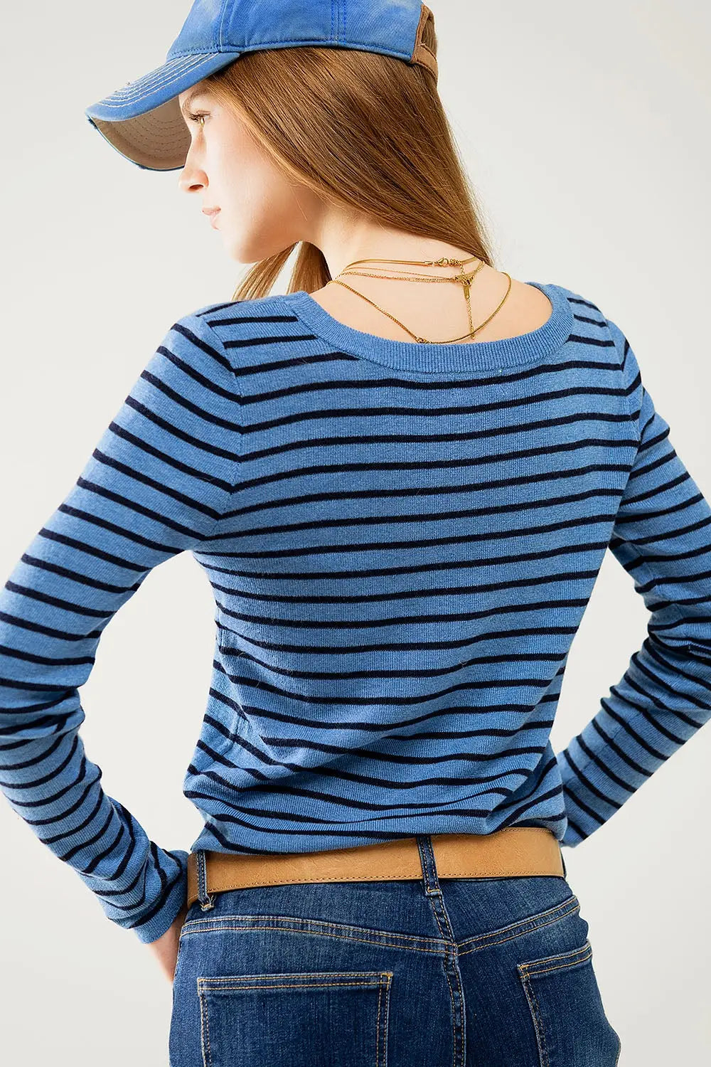 Blue striped fine knit sweater with boat neck - Sweaters
