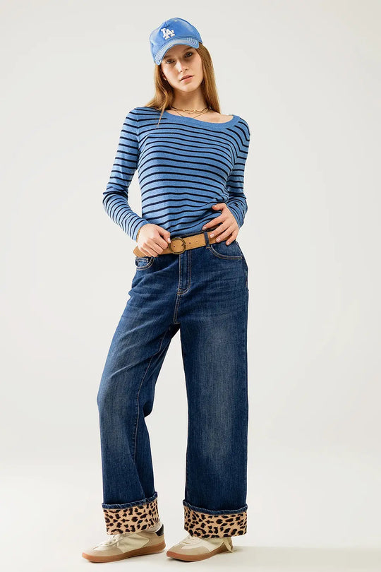 Blue striped fine knit sweater with boat neck - Sweaters
