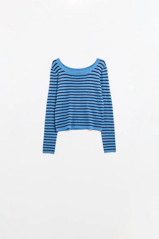 Blue striped fine knit sweater with boat neck - Sweaters