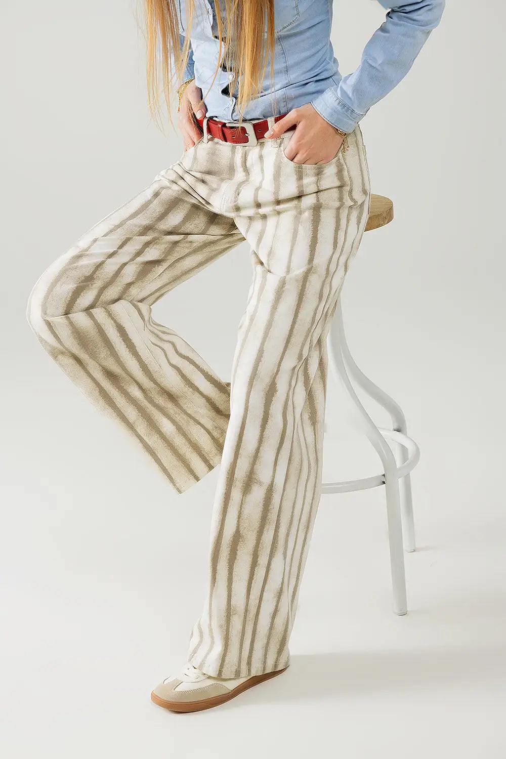 Beige wide leg elastic striped Pants - Colored Jeans