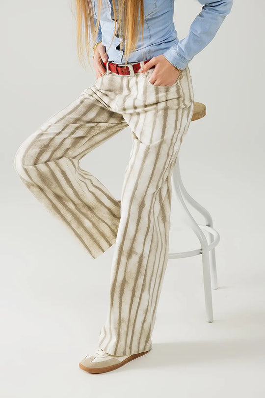 Beige wide leg elastic striped Pants - Colored Jeans