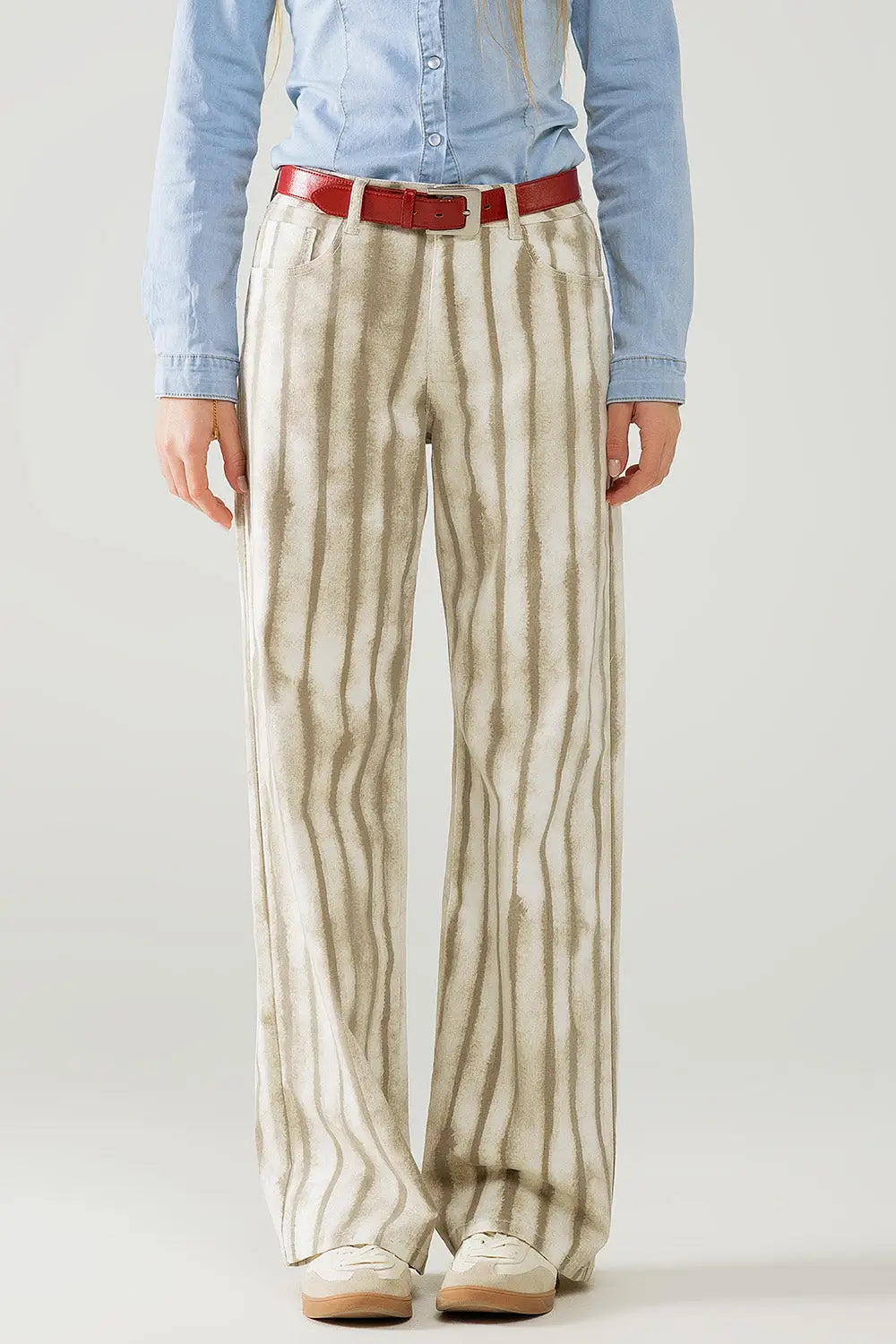 Beige wide leg elastic striped Pants - Colored Jeans