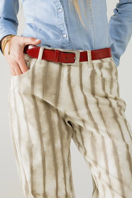 Beige wide leg elastic striped Pants - Colored Jeans