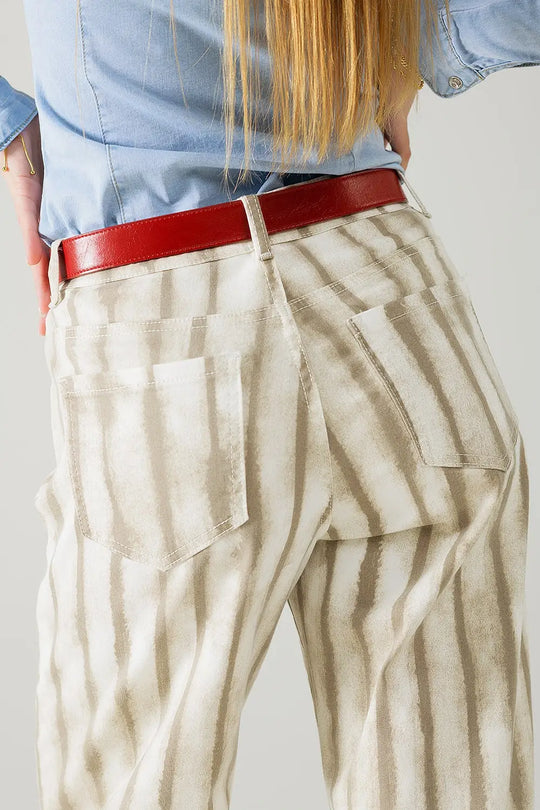 Beige wide leg elastic striped Pants - Colored Jeans