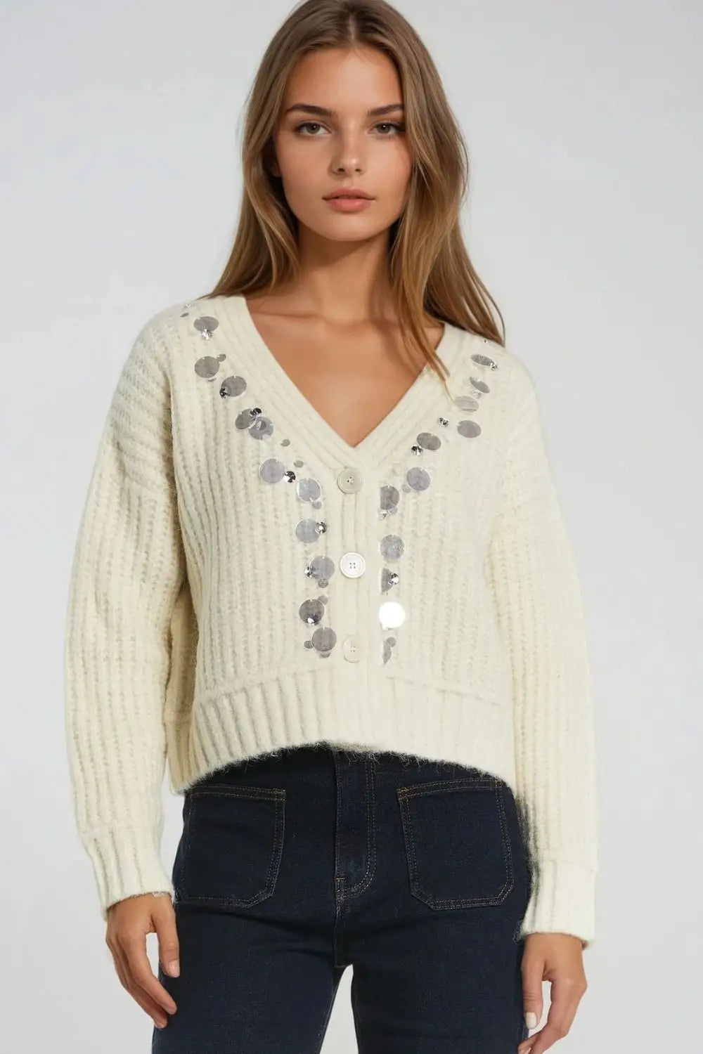 Chunky knit cardigan with sequin detail - CREAM / ONE - Cardigans