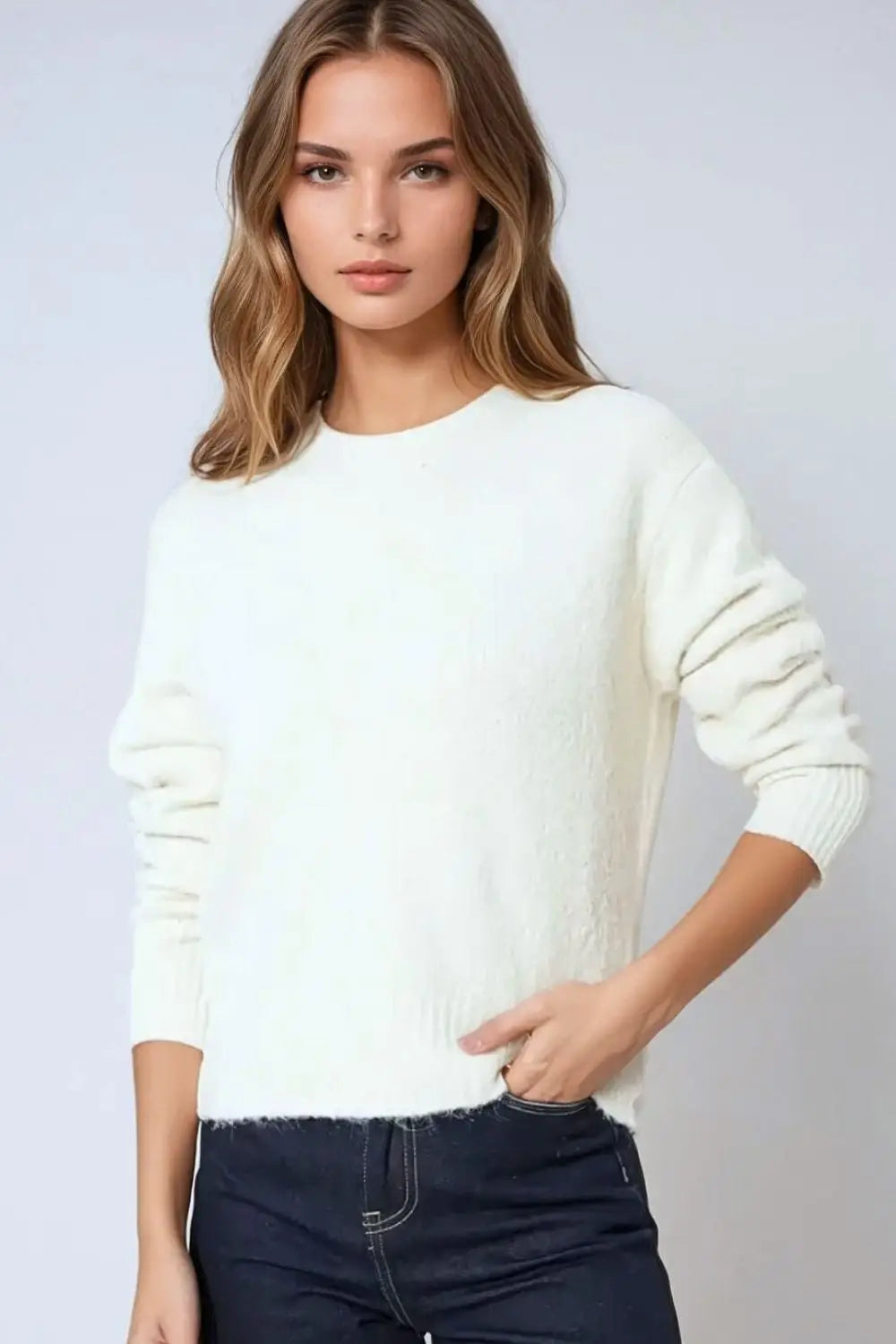 Cozy Basic Crew Neck Knitted Sweater in Cream - Sweaters