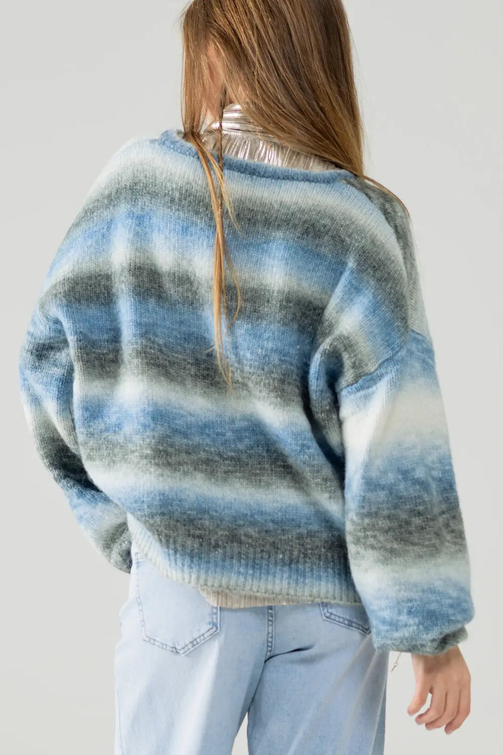 Loose V-neck sweater with blue and grey stripes - Sweaters