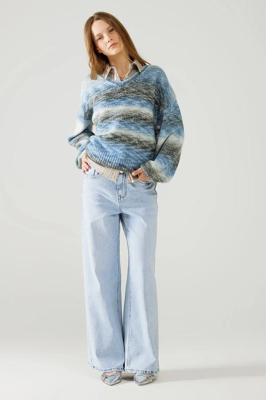 Loose V-neck sweater with blue and grey stripes - Sweaters