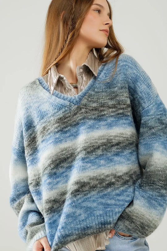 Loose V-neck sweater with blue and grey stripes - Sweaters