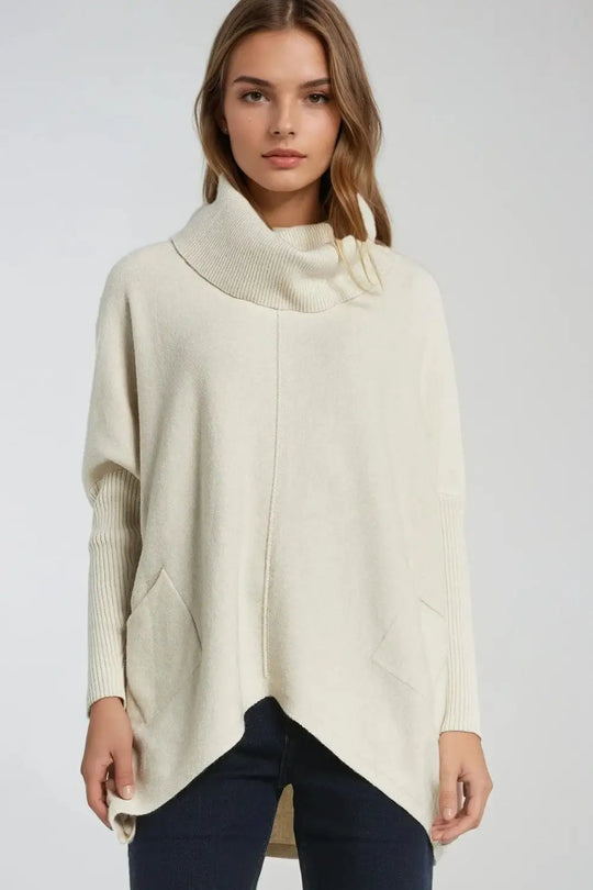Oversized beige sweater with front pockets - BEIGE / ONE - Sweaters