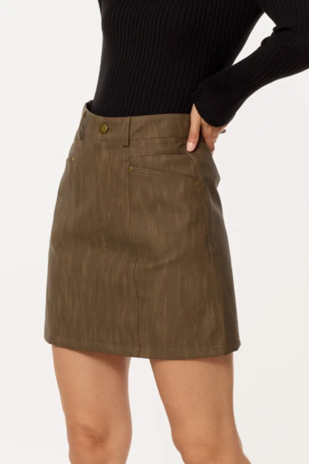 leatherette Straight mini skirt in brown with pockets - Skirts