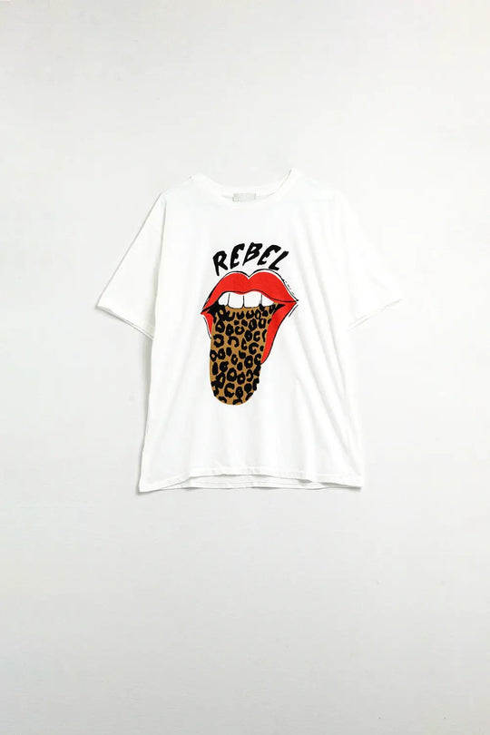 Relaxed White T-shirt With Rebel and Lips Graphic Print - WHITE / ONE - T-Shirts